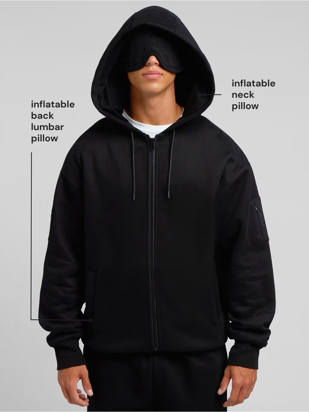 Comfrt Inflate Zip Hoodie with Inflatable Neck and Lumbar Support in Onyx
